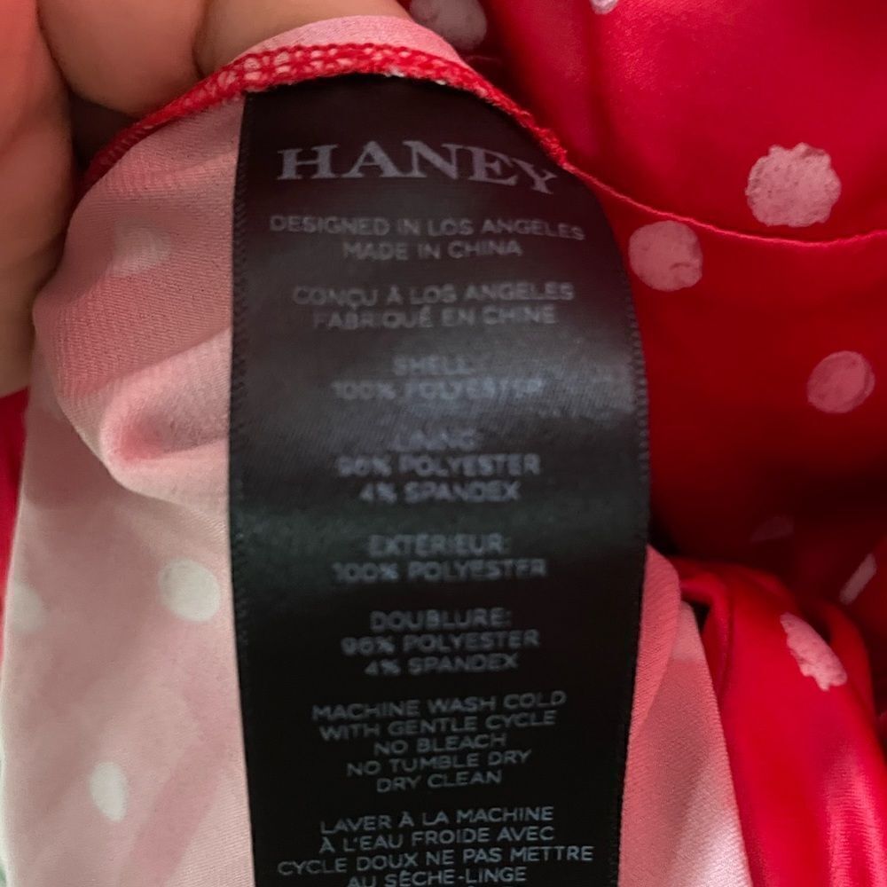 Haney Olivia Red Stretch Satin Polka Dot Handkerchief Hem Midi Dress 4 $890 - Picture 9 of 13